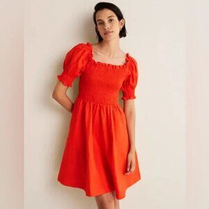 Boden 100% Linen Smocked Bodice Mini Dress – Bright Papaya – Size 12 – NWT